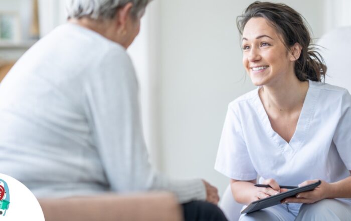 A woman smiles while with a client representing the pros of the home care industry.
