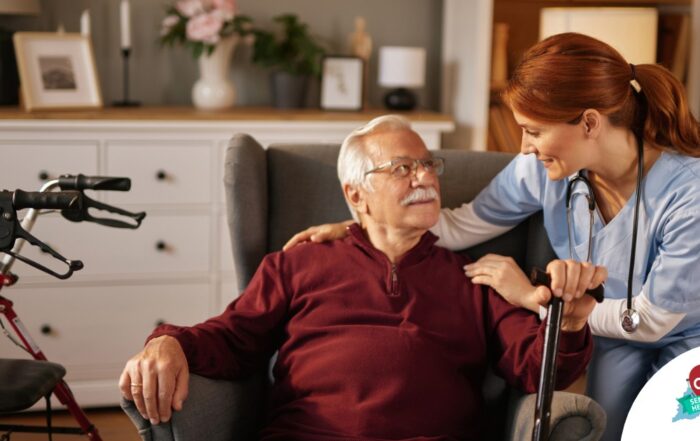 A caregiver helping a woman with a walker make her senior home safer.