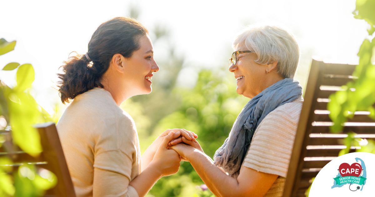 Caregiver provides at home senior services to an elderly loved one