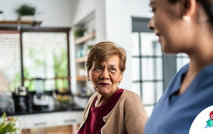 Caregiver provides attentive senior care as part of diabetes awareness