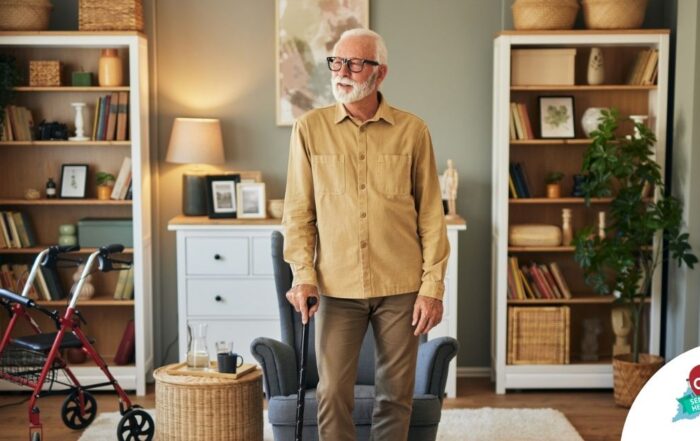 Exploring fall prevention for seniors — an elderly man stands in a safely arranged room.