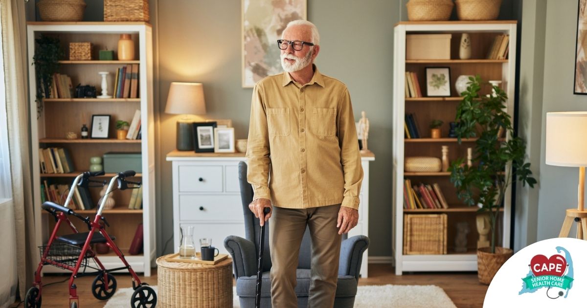 Fall prevention for Seniors Home Safety Exploring fall prevention for seniors — an elderly man stands in a safely arranged room.